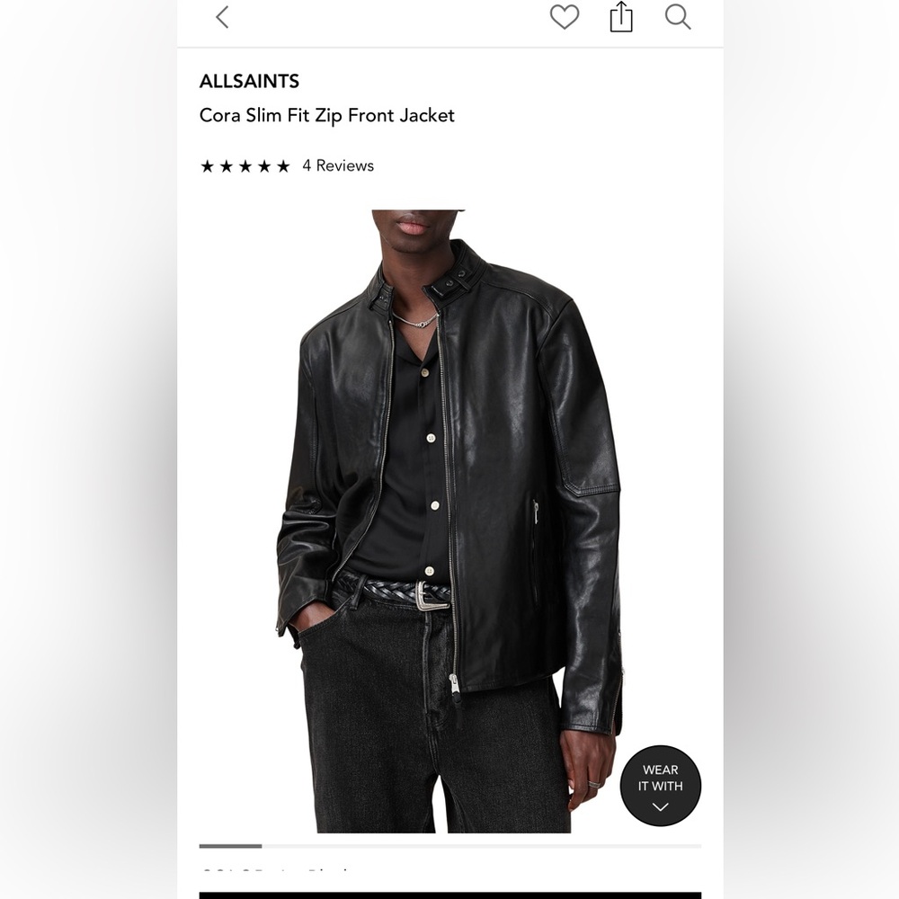 Men’s AllSaints Black Leather Zip Front Bomber Jacket
